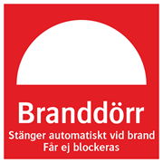 Branddörr Stänger automatiskt vid brand Får ej blockeras
