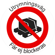 Golvdekal Utrymningsväg. Får ej blockeras.